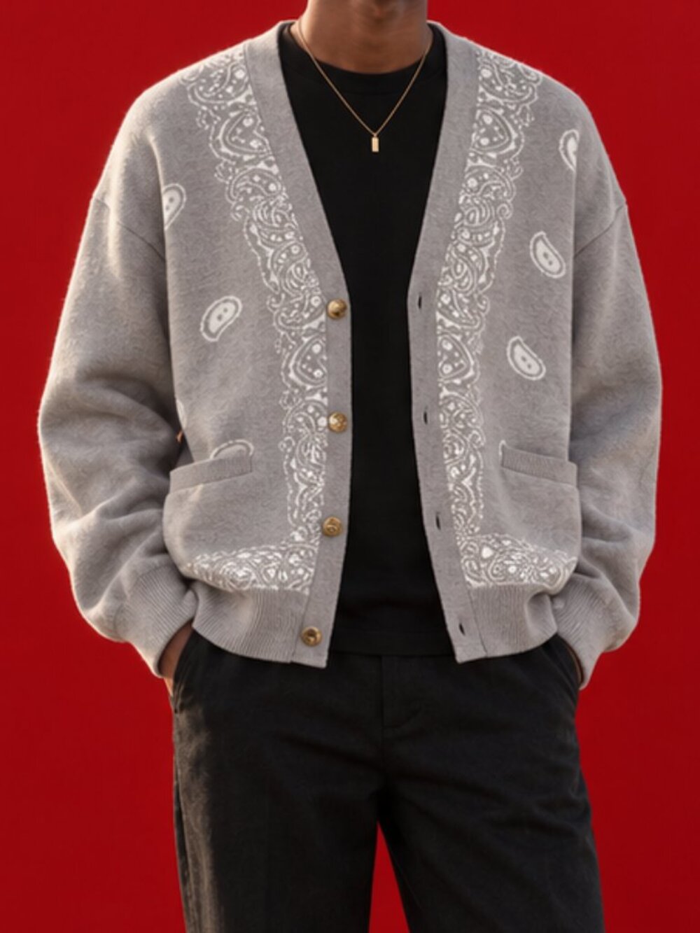 FUGAZI Grey Paisley Bandana Knit Cardigan XL | Streetwear